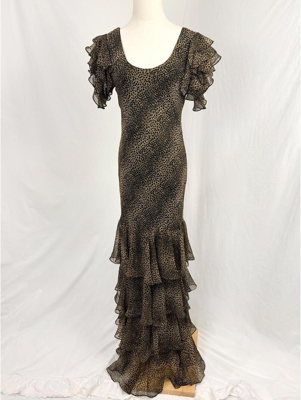 Vintage y2k Leopard Print Chiffon Tiered Ruffle Full Length Dress Small Shape FX